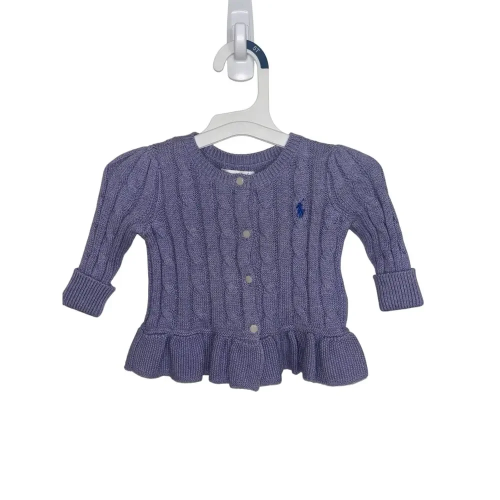 NWT Ralph Lauren Baby Purple Cable Knit Cardigan 6M Ruffle Pony Cotton
